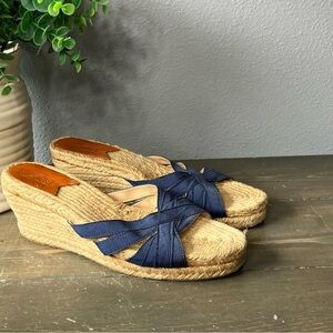 stubbs & wootton 10 Kelly Navy Blue Wedge Jute Estate Heels Sandals Preppy